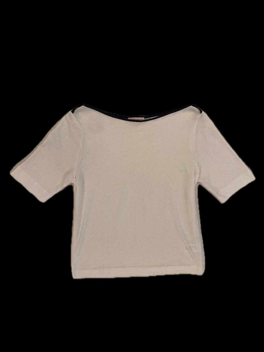 Demylee White T-Shirt, Size Small with Black Piping at Collar